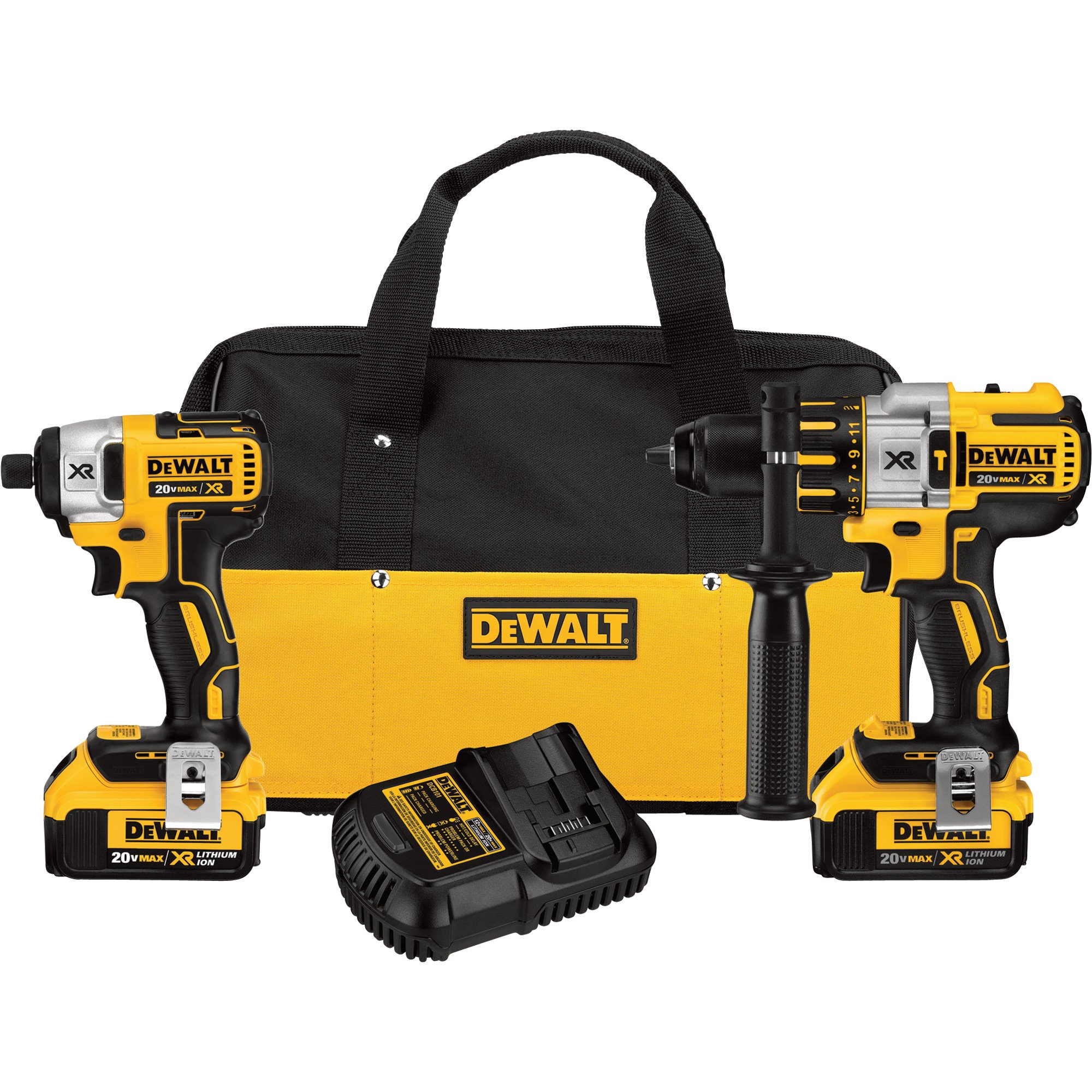 DEWALT 20V MAX XR Li-Ion Brushless Cordless  1/2in. Hammerdrill & 1/4in. Impact Driver Combo Kit — With 2 Batteries, Model# DCK296M2